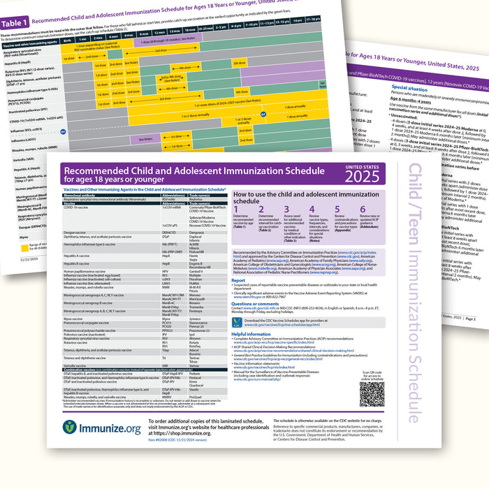 Laminated Child & Teen Immunization Schedules (Pre-orders now available, shipping January 2025)