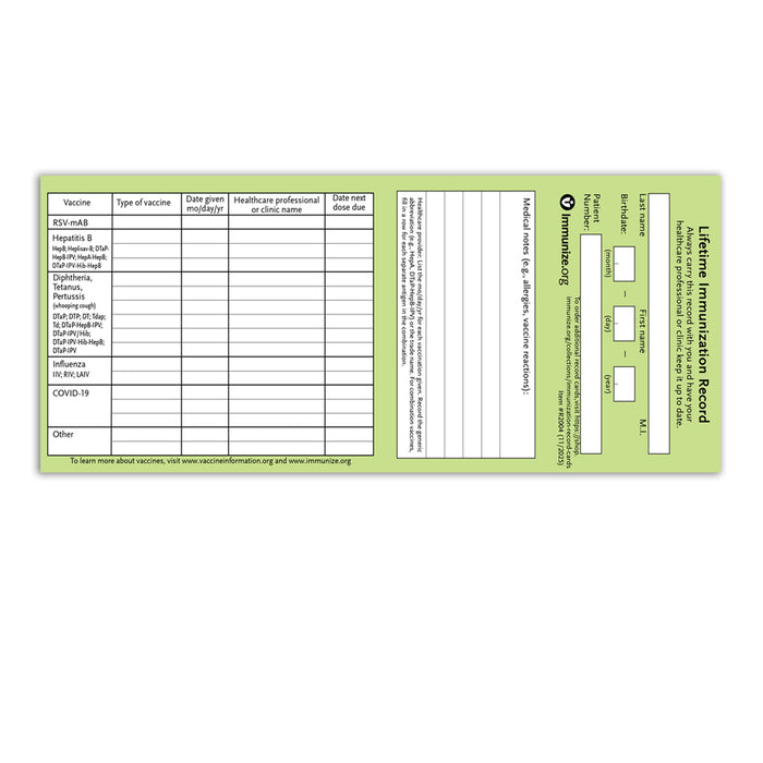 Wallet-Sized Lifetime Immunization Record Cards (Box of 250)